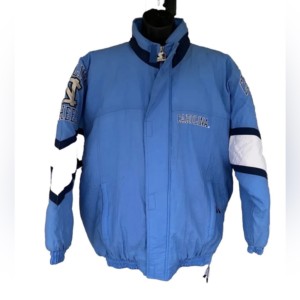 Vintage 90s UNC Tarheels Jacket Starter College Full Zip Sports Puffer Sz L Hood